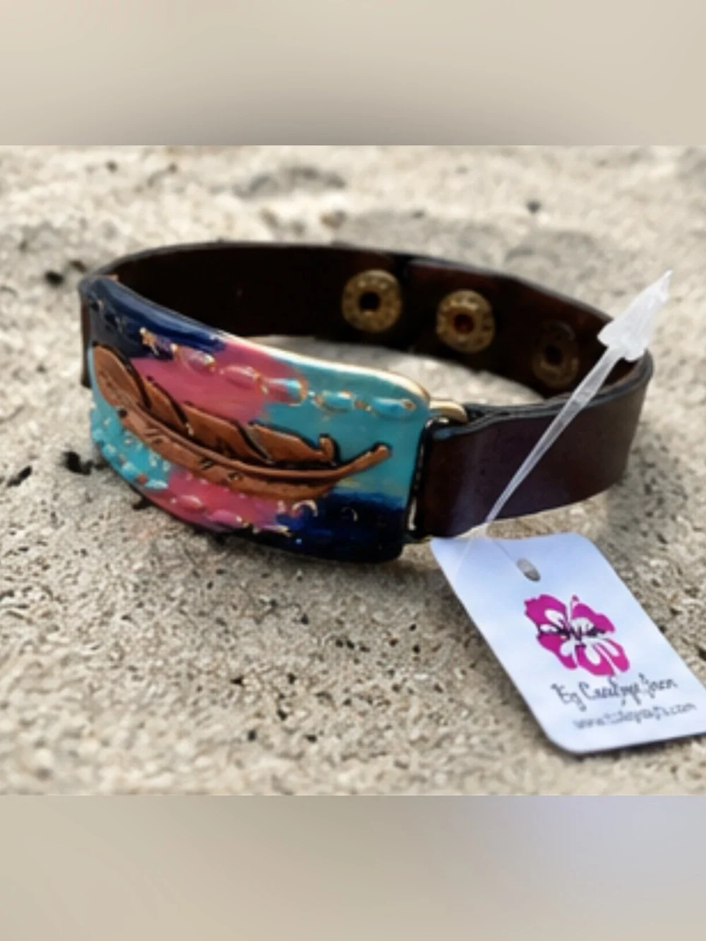 Pink & Teal Feather Leather Bracelet Belt